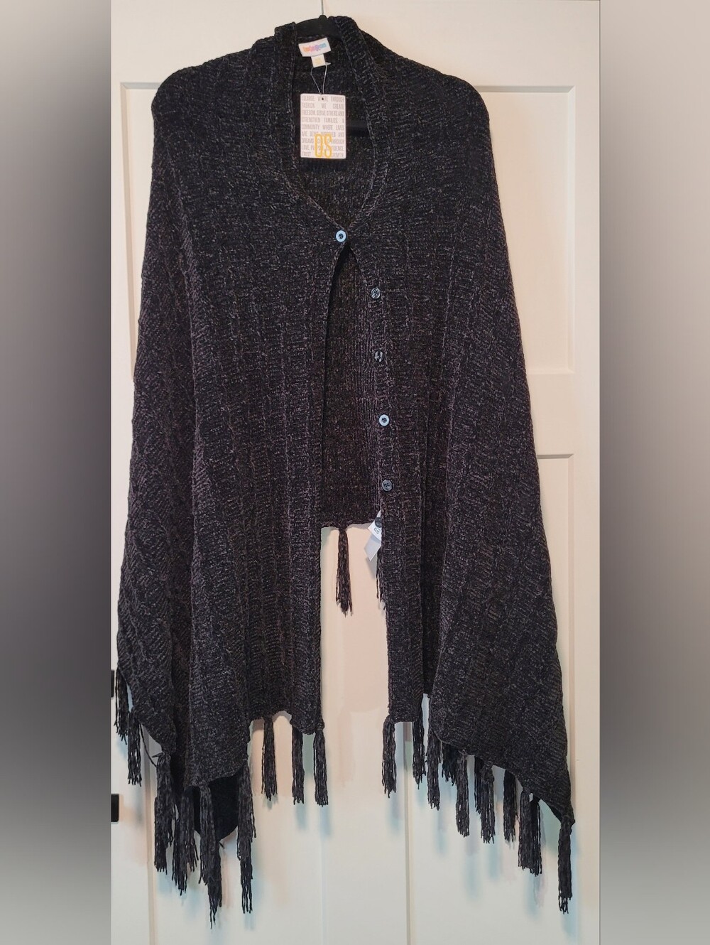 LuLaRoe Womens Button Up Knit Poncho Sweater Fringe Charcoal OS Whimisgoth Boho
